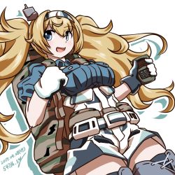Rule 34 | 1girl, 547th sy, bag, blonde hair, blue eyes, blue shirt, breast pocket, breasts, camouflage, collared shirt, commentary request, cowboy shot, gambier bay (kancolle), gloves, gps, hairband, highres, kantai collection, large breasts, long hair, multicolored clothes, multicolored gloves, pocket, shirt, shorts, simple background, solo, thighhighs, twintails, white background
