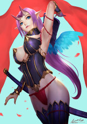 Rule 34 | 1girl, ariverkao, arm up, armor, armpits, bikini armor, bird wings, blue eyes, breasts, commentary, corset, dated, female focus, fundoshi, gauntlets, hip focus, horns, japanese clothes, katana, large breasts, loincloth, long hair, original, petals, pointy ears, shawl, signature, solo, sword, thighhighs, thighs, very long hair, weapon, wings
