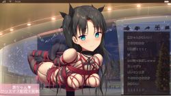 Rule 34 | 1girl, arms behind back, arrow (symbol), bare shoulders, bdsm, black gloves, black hair, black thighhighs, blue eyes, blush, bondage, bound, box, breast bondage, breasts, breasts apart, christmas, christmas ornaments, christmas tree, commentary request, dot nose, elbow gloves, fate/stay night, fate (series), flag, full body, garter straps, gift, gift box, gloves, green eyes, hair ribbon, heart, highres, himitsu (hi mi tsu 2), hogtie, icon (computing), indoors, light blush, light smile, lingerie, long hair, lying, medium breasts, nipples, no shoes, on stomach, red rope, restrained, ribbon, rope, skindentation, smile, solo, solo focus, sweat, tagme, thighhighs, thumbs down, thumbs up, tohsaka rin, translation request, twintails, underwear