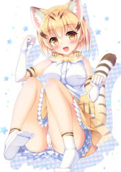 Rule 34 | 10s, 1girl, animal ears, bad hands, bare shoulders, blonde hair, blush, bow, breasts, brown hair, cat ears, cat tail, elbow gloves, fang, feet, gloves, hair between eyes, head tilt, high-waist skirt, highres, kemono friends, looking at viewer, medium breasts, multicolored hair, no shoes, panties, pantyshot, paw pose, plaid, sand cat (kemono friends), shirt, silhouette, sitting, skirt, sleeveless, sleeveless shirt, socks, soles, solo, star (symbol), striped tail, tail, two-tone hair, umitonakai, underwear, white background, white panties, white shirt, white socks, yellow eyes, yellow skirt