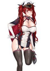 Rule 34 | 1girl, azur lane, baeg mi, black panties, black thighhighs, blush, breasts, cleavage, closed mouth, collarbone, elbow gloves, feet out of frame, garter straps, gloves, grey footwear, hair ornament, hairclip, hand on own hip, hand on leg, high heels, highres, honolulu (azur lane), large breasts, long hair, looking at viewer, panties, red eyes, red hair, solo, standing, standing on one leg, thighhighs, twintails, underwear, uniform, white background, white gloves, white headwear
