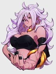 Rule 34 | 1girl, android 21, bare shoulders, black nails, bracelet, breasts, choker, cleavage, closed mouth, colored skin, detached sleeves, dragon ball, dragon ball fighterz, earrings, grey background, hair between eyes, hoop earrings, jewelry, kemachiku, long hair, looking at viewer, majin android 21, medium breasts, nail polish, pink hair, pink skin, pointy ears, red eyes, simple background, smile, solo, upper body, yellow choker