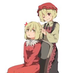 Rule 34 | 2girls, aki minoriko, aki shizuha, apron, bad id, bad twitter id, blonde hair, blush, bow, bowtie, chair, dress, grin, hasebe yuusaku, hat, leaf, leaf on head, long sleeves, looking at another, looking down, looking up, mob cap, multiple girls, one eye closed, open mouth, red dress, red eyes, shirt, short hair, siblings, simple background, sisters, sitting, skirt, smile, sweatdrop, touhou, white background, wide sleeves, yellow eyes