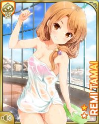 Rule 34 | 1girl, bare arms, bare legs, barefoot, bow, brown eyes, brown hair, card (medium), closed mouth, day, girlfriend (kari), indoors, looking at viewer, low twintails, official art, qp:flapper, smile, solo, spa, tagme, tamai remi, tanabata, towel, twintails, v-shaped eyebrows, white towel