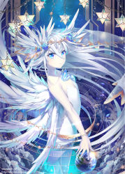 Rule 34 | 1girl, :o, bad id, bad pixiv id, bare shoulders, blue eyes, blue flower, bracelet, breasts, chain, closed eyes, cloud, collarbone, crystal, dress, earth (planet), eye reflection, eyebrows, feathered wings, flower, from side, giant, glowing, hair between eyes, hair flower, hair ornament, head wings, head wreath, jewelry, long hair, looking at viewer, multiple wings, no pupils, original, petals, planet, reflection, sakuyosi, see-through, small breasts, solo, sparkle, star (sky), star (symbol), stellated octahedron, strapless, strapless dress, veil, very long hair, white dress, wings