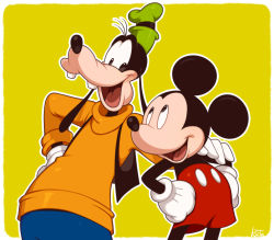 Rule 34 | 2boys, disney, furry, furry male, gloves, goofy, hand on shoulder, hands on own hips, hat, kiri futoshi, male focus, mickey mouse, multiple boys, open mouth, shorts, signature, smile, turtleneck, vest, white gloves