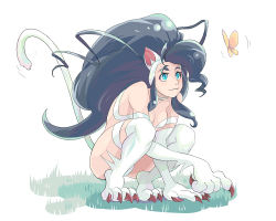 Rule 34 | 1girl, animal ears, animal hands, big hair, blue eyes, blue hair, bug, butterfly, capcom, cat ears, cat tail, felicia (vampire), insect, kintaro, long hair, matching hair/eyes, solo, tail, thighhighs, vampire (game)