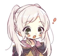 Rule 34 | !, 1girl, black gloves, black robe, blush, blush stickers, braid, cropped shoulders, fire emblem, fire emblem awakening, gloves, grey eyes, hands up, happy, high collar, hood, long hair, lowres, mgomurainu, nintendo, open mouth, own hands together, robe, robin (female) (fire emblem), robin (fire emblem), simple background, smile, translation request, twintails, upper body, white background, white hair