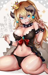 Rule 34 | 1girl, armlet, babydoll, bare legs, bare shoulders, barefoot, black babydoll, black panties, blonde hair, blue eyes, blush, bowsette, bracelet, breasts, cleavage, collar, commentary request, dated, eyes visible through hair, hair between eyes, hands up, horns, houdukixx, jewelry, large breasts, long hair, looking at viewer, mario (series), nail polish, navel, new super mario bros. u deluxe, nintendo, no pants, open mouth, panties, ponytail, red nails, sharp teeth, shiny skin, sitting, solo, spiked armlet, spiked bracelet, spiked collar, spikes, super crown, teeth, translated, underwear