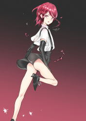 Rule 34 | 1boy, ass, cinnabar (houseki no kuni), coin rand, elbow gloves, gloves, gradient background, high heels, highres, houseki no kuni, latex, latex gloves, looking back, male focus, parted lips, red eyes, red hair, see-through, shorts, suspenders, trap