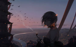 Rule 34 | 1girl, animal, architecture, bare shoulders, bird, black dress, black hair, choker, city, city lights, closed mouth, crow, dress, earrings, evening, expressionless, glowing, guweiz, highres, holding, holding smoking pipe, jewelry, kiseru, looking at viewer, original, outdoors, pagoda, smoking pipe, purple sky, river, scenery, short hair, sky, smoke, solo, strapless, strapless dress, water