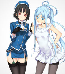 Rule 34 | 10s, 2girls, aoki hagane no arpeggio, black gloves, black hair, black legwear, blue eyes, blue hair, blush, breasts, choker, contrapposto, crossover, garter straps, gloves, hair between eyes, hand on own hip, hand on own chest, hat, kantai collection, long hair, looking at viewer, medium breasts, military, military uniform, mole, mole under mouth, multiple girls, name connection, pantyhose, personification, ponytail, red eyes, rokuwata tomoe, short hair, small breasts, standing, takao (aoki hagane no arpeggio), takao (kancolle), thighhighs, uniform, zettai ryouiki