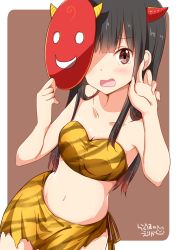 Rule 34 | 1girl, black hair, blush, brown eyes, chijou noko, chikanoko, collarbone, commentary request, horns, long hair, looking at viewer, mask, navel, oni costume, oni horns, oni mask, open mouth, ragho no erika, setsubun, solo, tears