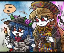 Rule 34 | +++, 2girls, :d, black dress, black hat, blonde hair, blue hair, blush stickers, chinese clothes, colored skin, dango, dress, food, fruit, hair between eyes, hand on another&#039;s arm, hat, hat leaf, hatching (texture), height difference, hinanawi tenshi, junko (touhou), letterboxed, linear hatching, long hair, multiple girls, musical note, open mouth, peach, pointy ears, puffy short sleeves, puffy sleeves, quaver, red eyes, red neckwear, shirt, short sleeves, smile, spoken musical note, suenari (peace), tabard, touhou, very long hair, wagashi, wallet, white shirt, white skin, wide sleeves