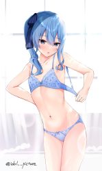 Rule 34 | 1girl, :o, blue bra, blue eyes, blue hair, blue panties, blush, bra, collarbone, ex idol, flat chest, hair ribbon, highres, hololive, hoshimachi suisei, lace, lace-trimmed bra, lace trim, legs together, navel, open mouth, panties, ribbon, side ponytail, solo, standing, star (symbol), star in eye, symbol in eye, twitter username, underwear, underwear only, undressing, virtual youtuber