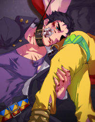 Rule 34 | 2boys, bad id, bad pixiv id, bandage on face, bandages, belt collar, black hair, blood, blood on face, blood on hands, blue eyes, chair, collar, crossed legs, dio brando, highres, holding, holding leash, injury, jojo no kimyou na bouken, kneeling, kuujou joutarou, large pectorals, leash, leash pull, less end, male focus, multiple boys, muscular, muscular male, no headwear, out of frame, pants, pectorals, pointy footwear, scratches, stardust crusaders, yaoi, yellow pants