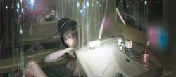 Rule 34 | 2girls, bathroom, bathtub, black hair, breasts, camera flash, faucet, lens flare, looking at viewer, mirror, multiple girls, multiple reflections, nude, original, parted lips, partially submerged, reflection, shower curtain, signature, sink, toothbrush, water, wet, wet hair, yuta kawakami