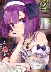 Rule 34 | 1girl, absurdres, bare shoulders, book, bow, casual, colonel olcott (fate), cookie, cup, disposable cup, eating, fate/grand order, fate (series), flat chest, food, hairband, head rest, helena blavatsky (fate), highres, jewelry, nakasaku-p, open book, pendant, purple eyes, purple hair, solo, twitter username