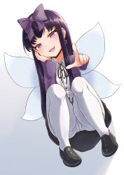 Rule 34 | 1girl, absurdres, black footwear, black hair, black ribbon, black skirt, blush, bow, breasts, collared shirt, commentary, cookie (touhou), earrings, fairy wings, full body, hair bow, head rest, highres, jacket, jewelry, long hair, looking at viewer, neck ribbon, open mouth, pantyhose, pleated skirt, pointing, pointing at viewer, purple bow, purple eyes, purple jacket, ribbon, shirt, shoes, shunga youkyu, sidelocks, skirt, small breasts, solo, squatting, star (symbol), star earrings, star sapphire, touhou, tsugumi amon, white pantyhose, white shirt, wings
