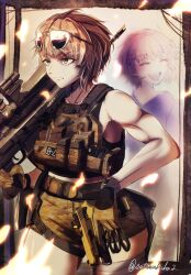 Rule 34 | 1girl, bandaged leg, bandages, belt, brown hair, camouflage, camouflage shorts, closed eyes, closed mouth, collarbone, delta (nikke), eyewear on head, frown, gloves, goddess of victory: nikke, gun, handgun, highres, holding, holding gun, holding weapon, holster, open mouth, rifle, sata (satawahaha), short hair, shorts, smile, sniper rifle, solo, sunglasses, tactical clothes, thighs, toned, twitter username, two-tone gloves, weapon, yellow eyes