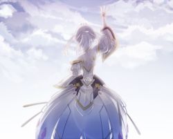 Rule 34 | 1girl, arm up, backless dress, backless outfit, bracelet, day, detached sleeves, dress, elsword, eve (elsword), from behind, jewelry, lens flare, long hair, outdoors, silver hair, sleeveless, sleeveless dress, solo, standing, strapless, strapless dress, vilor, white dress