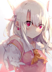 Rule 34 | 1girl, ascot, blush, closed mouth, commentary request, earrings, eyes visible through hair, fate/kaleid liner prisma illya, fate (series), feathers, fuyuhi tsukika, gloves, highres, illyasviel von einzbern, jewelry, long hair, looking at viewer, magical girl, prisma illya, red eyes, smile, solo, upper body, white gloves, white hair, yellow ascot