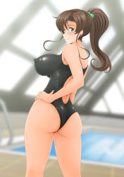 Rule 34 | 1girl, absurdres, ass, bishoujo senshi sailor moon, black one-piece swimsuit, blush, breasts, brown hair, covered erect nipples, green eyes, highres, huge ass, huge breasts, kino makoto, looking at viewer, looking back, nanashi noiji, one-piece swimsuit, ponytail, rei no pool, sailor jupiter, smile, solo, swimsuit, tagme