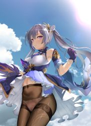 Rule 34 | 1girl, absurdres, bare shoulders, blue sky, blush, braid, breasts, closed mouth, cloud, covered navel, cowboy shot, day, detached sleeves, dress, genshin impact, gloves, hair bun, hair ornament, highres, keqing (genshin impact), lens flare, looking at viewer, medium breasts, multicolored clothes, multicolored dress, outdoors, panties, panties under pantyhose, pantyhose, pink eyes, pink panties, print pantyhose, purple gloves, purple hair, short sleeves, sirturner, sky, solo, sun, sunlight, tassel, thighband pantyhose, twintails, underwear, underwear only, upskirt, wide sleeves, wind, wind lift