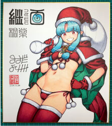 1girl alternate_costume bell bikini blue_hair cape capelet commentary_request dated front-tie_bikini_top front-tie_top fur-trimmed_capelet fur-trimmed_gloves fur-trimmed_thighhighs fur_trim gloves green_cape grin hamada_yoshikazu hand_on_own_hip hat highres kiriha_(tsugumomo) long_hair looking_at_viewer navel neck_bell official_art photo_(medium) pointy_ears pom_pom_(clothes) red_bikini red_cape red_capelet red_eyes red_gloves red_thighhighs santa_bikini santa_costume santa_hat shikishi side-tie_bikini_bottom sidelocks smile solo stomach swimsuit thighhighs traditional_media tsugumomo two-sided_cape two-sided_fabric