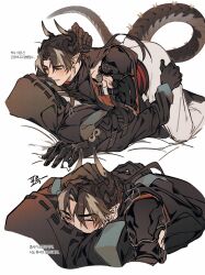 Rule 34 | 2boys, arknights, armor, bed sheet, black coat, black gloves, blush, brown hair, chong yue (arknights), closed eyes, coat, commentary request, doctor (arknights), dragon boy, dragon horns, dragon tail, earrings, gloves, gyulseu, hand on another&#039;s head, high collar, highres, hood, hood up, hooded coat, horns, hug, jewelry, korean commentary, korean text, long hair, long sleeves, long tail, looking at another, low ponytail, lying, male doctor (arknights), male focus, multicolored hair, multiple boys, multiple views, on back, parted lips, pauldrons, pointy ears, red eyes, rerebrace, shoulder armor, simple background, single pauldron, sleeveless, streaked hair, tail, translation request, white background, yaoi
