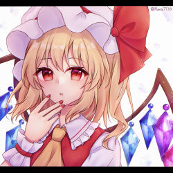 Rule 34 | 1girl, absurdres, ascot, blonde hair, collared shirt, crystal, flandre day, flandre scarlet, frilled shirt collar, frills, hat, hat ribbon, highres, letterboxed, looking at viewer, medium hair, mob cap, multicolored wings, nail polish, open mouth, red eyes, red nails, red ribbon, red vest, ribbon, runa (runa7733), shirt, simple background, solo, touhou, twitter username, upper body, vest, white background, white hat, white shirt, wings, yellow ascot