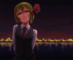 Rule 34 | 1girl, arms behind back, bad id, bad pixiv id, blonde hair, city lights, embodiment of scarlet devil, face, female focus, head tilt, kurione (pixiv), kurione (zassou), looking at viewer, night, red eyes, reflection, ribbon, rumia, short hair, solo, touhou, water