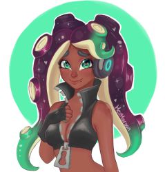 Rule 34 | 1girl, artist name, bare shoulders, black gloves, black vest, blush, breasts, cephalopod eyes, cleavage, clenched hand, closed mouth, cropped vest, dark-skinned female, dark skin, female focus, fingerless gloves, gloves, gradient hair, green background, green eyes, green hair, hand on own chest, hand up, happy, heart, highres, jpeg artifacts, long hair, looking at viewer, marina (splatoon), medium breasts, mezmaroon, mole, mole under mouth, multicolored hair, nintendo, octoling, outline, purple hair, signature, simple background, smile, solo, sparkle, splatoon (series), splatoon 2, tentacle hair, tentacles, two-tone background, upper body, vest, white outline, zipper, zipper pull tab
