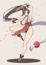 Rule 34 | 1girl, arm up, ass, bare legs, blush, breasts, brown hair, cleavage, curvy, falling petals, female focus, floating hair, full body, grey background, hand fan, high ponytail, highleg, highleg leotard, highres, holding, holding fan, large breasts, leotard, lips, long hair, looking at viewer, pelvic curtain, petals, ponytail, red leotard, shiranui mai, simple background, snk, solo, standing, standing on one leg, super nekopunch, the king of fighters, wide hips