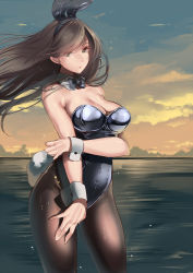 Rule 34 | 1girl, amane ruri, animal ears, bare shoulders, black bow, black pantyhose, bow, breasts, brown eyes, brown hair, cleavage, cloud, commentary request, cowboy shot, detached collar, eyes visible through hair, fake animal ears, highres, large breasts, legs apart, leotard, long hair, looking at viewer, ocean, original, outdoors, pantyhose, playboy bunny, rabbit ears, rabbit tail, sky, solo, standing, tail, wet, wet clothes, wind, wrist cuffs