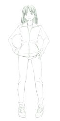 Rule 34 | 1girl, full body, hands on own hips, monochrome, original, short hair, sketch, solo, standing, track suit, traditional media, yoshitomi akihito