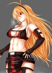 Rule 34 | 1girl, absurdres, blonde hair, breasts, cecilia northman, cleavage, hair over one eye, highres, long hair, midriff, navel, nonoririn, original, red eyes, simple background, solo, toned