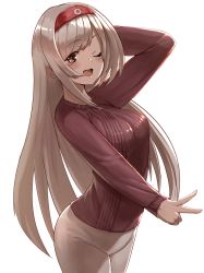 Rule 34 | 1girl, ;d, alternate costume, blush, breasts, brown eyes, casual, cowboy shot, hairband, highres, honmakaina kudou, kantai collection, large breasts, long hair, looking at viewer, one eye closed, open mouth, pants, purple sweater, ribbed sweater, shoukaku (kancolle), simple background, smile, solo, sweater, v, white background, white hair, white pants