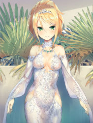 Rule 34 | 1girl, arms at sides, bare shoulders, blonde hair, blush, breasts, cape, cleavage, cleavage cutout, clothing cutout, collarbone, cowboy shot, dress, gem, green eyes, hip vent, isegawa yasutaka, leaf, long hair, medium breasts, original, plant, ponytail, potted plant, sleeveless, sleeveless dress, solo, standing, tiara, tsurime, v arms, white cape, white dress