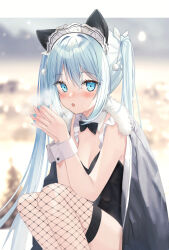 Rule 34 | 1girl, :o, animal ear fluff, animal ears, black bow, black bowtie, black jacket, black leotard, black thighhighs, blue eyes, blue hair, blue nails, blurry, blurry background, blush, bow, bowtie, breasts, breathing on hands, cat ears, collar, commentary request, depth of field, detached collar, fang, feet out of frame, fishnet thighhighs, fishnets, fur-trimmed jacket, fur trim, hair between eyes, jacket, jacket on shoulders, knees up, leotard, long hair, looking at viewer, nail polish, original, parted lips, saeki sora, small breasts, solo, squatting, strapless, strapless leotard, thighhighs, twintails, very long hair, white collar, wing collar, wrist cuffs