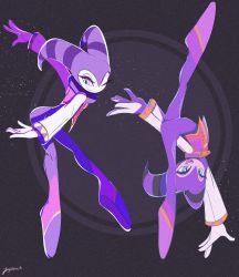 Rule 34 | 1other, absurdres, androgynous, ballet, bodysuit, dark background, dynamic pose, flying, gloves, half-closed eye, handstand, hat, highres, jessica mcginnis, jester, jester cap, long sleeves, nights (character), nights into dreams, one arm handstand, one eye closed, open mouth, sega, simple background, smile, solo, vest, white gloves