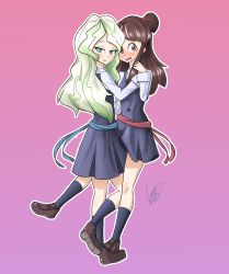 Rule 34 | 2girls, absurdres, after kiss, ananasatom, bad id, bad twitter id, blonde hair, blue eyes, blush, brown eyes, brown hair, closed mouth, commentary request, couple, diakko, diana cavendish, french kiss, full body, happy, hat, highres, holding, implied kiss, implied yuri, kagari atsuko, kiss, kneehighs, licking, licking lips, little witch academia, long hair, looking at viewer, luna nova school uniform, magic, multiple girls, open mouth, red eyes, school uniform, self-upload, shirt, skirt, smile, socks, standing, tongue, tongue out, trigger (company), wavy hair, white shirt, witch, witch hat, yuri