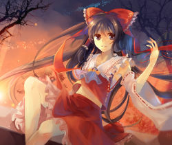 Rule 34 | 1girl, bad id, bad pixiv id, detached sleeves, dhiea, female focus, gradient background, hakurei reimu, japanese clothes, lens flare, miko, nature, outdoors, plant, skirt, sky, solo, subterranean animism, sun, touhou, tree, twilight, wide sleeves, wind