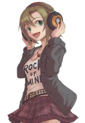 Rule 34 | 10s, 1girl, bad id, bad pixiv id, belt, blush, brown hair, cardigan, clothes writing, commentary request, green eyes, headphones, idolmaster, idolmaster cinderella girls, jewelry, open cardigan, open clothes, open mouth, plaid, plaid skirt, short hair, simple background, skirt, smile, solo, tada riina, vaison, white background
