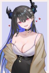 Rule 34 | 1girl, :d, absurdres, asymmetrical horns, belt, black belt, black choker, black hair, black skirt, blue hair, border, breasts, brown jacket, camisole, choker, cleavage, collarbone, colored inner hair, demon horns, hair ornament, high-waist skirt, highres, hololive, hololive english, horns, jacket, lace trim, large breasts, long hair, looking at viewer, mole, mole under eye, multicolored hair, nerissa ravencroft, open mouth, red eyes, single bare shoulder, skirt, smile, solo, strap slip, tassel, tassel hair ornament, two-tone hair, upper body, very long hair, virtual youtuber, white border, white camisole, xsilentred