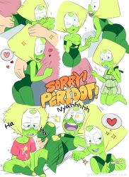 Rule 34 | 1girl, bottomless, colored skin, condom, condom in mouth, english text, expressions, gnome-no, green hair, green skin, heart, lingerie, mouth hold, multiple views, negligee, peridot (steven universe), pregnancy test, size difference, sparkle, spoken heart, steven universe, underwear, visor