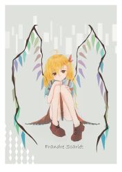 Rule 34 | 1girl, adapted costume, ahoge, bare legs, blonde hair, border, character name, closed mouth, flandre scarlet, frilled skirt, frills, full body, grey background, hair between eyes, hands on own knees, head tilt, highres, light smile, looking at viewer, medium hair, multicolored wings, no headwear, no socks, nosuteia, red eyes, red footwear, red skirt, shirt, simple background, skirt, solo, touhou, white border, white shirt, wings