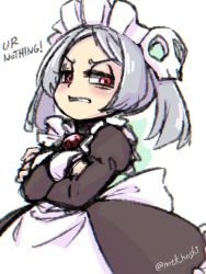 Rule 34 | 1girl, apron, black dress, bloody marie (skullgirls), blush, bow, clenched teeth, crossed arms, dress, frown, grey hair, hair ornament, highres, looking at viewer, mtk hoshi, red eyes, sketch, skull hair ornament, skullgirls, solo, teeth, twintails, white apron, white background