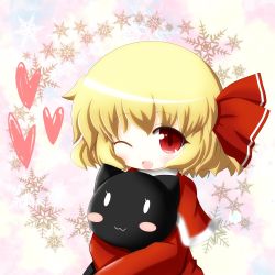Rule 34 | 1girl, :3, bad id, bad pixiv id, blonde hair, blush stickers, capelet, christmas, cocozasa, embodiment of scarlet devil, fang, female focus, hair ribbon, heart, highres, one eye closed, open mouth, red eyes, ribbon, rumia, santa costume, short hair, smile, snowflakes, solo, stuffed animal, stuffed cat, stuffed toy, touhou, wink
