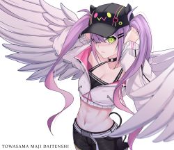 Rule 34 | 1girl, angel wings, text background, baseball cap, belt, bibi (tokoyami towa), breasts, choker, cleavage, cropped jacket, demon girl, fang, green eyes, hair over one eye, hands on headwear, hands on own head, hat, highres, hololive, looking at viewer, medium breasts, midriff, navel piercing, piercing, purple hair, shorts, skin fang, solo, sports bra, standing, tail, therrao, tokoyami towa, twintails, virtual youtuber, wings